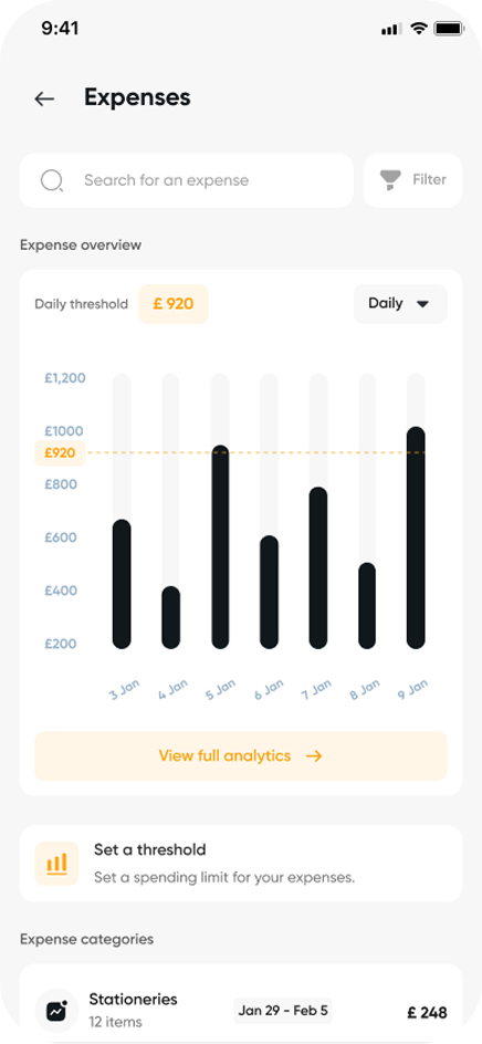 QueueReceipts app showing an expense overview with a spending chart and categories